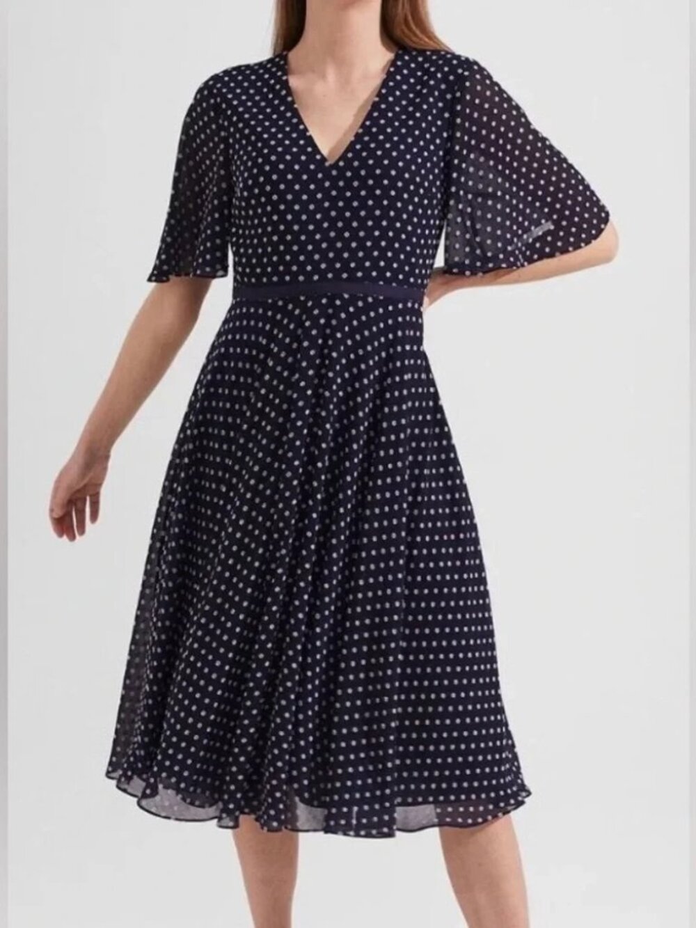 Hobbs London Celia Short Sleeve Fit & Flare Midi Dress, Navy Polka Dot — US 8